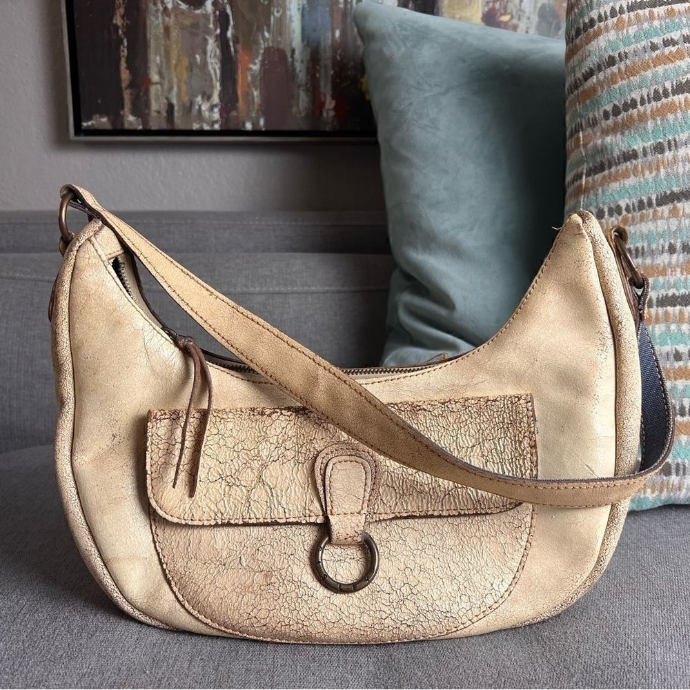 Sisley Cream Beige Leather Hobo Shoulder Bag Vintage Antique Finish
